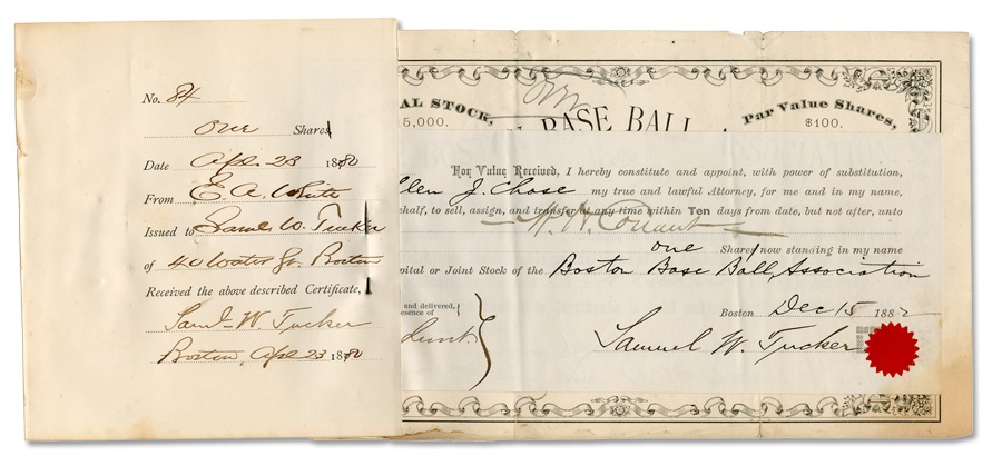 Baseball Memorabilia - 1882 Boston Base Ball Club Stock Certificate