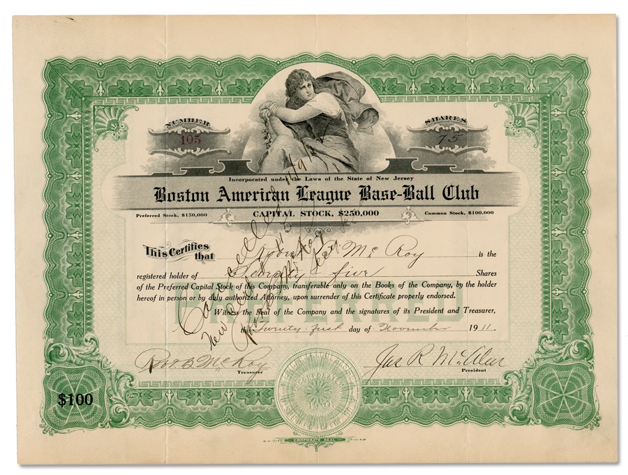 Baseball Memorabilia - 1911 Boston American League Base-Ball Club Stock Certificate