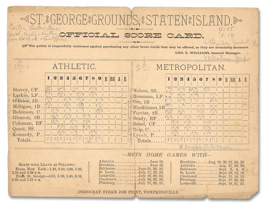 Baseball Memorabilia - 1886 Metropolitans v Athletics Player Scorecard