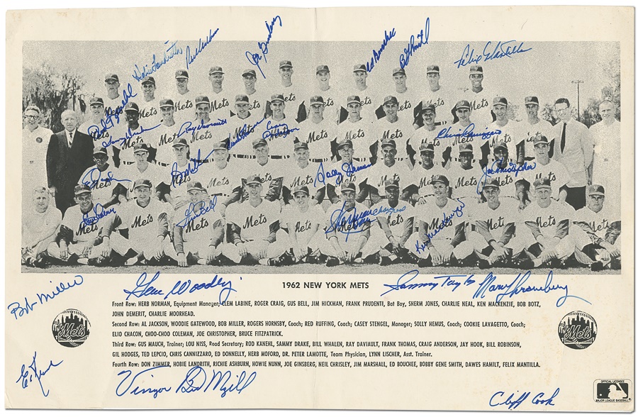 - 1962 New York Mets Vintage Signed Baseball and Signed Reunion Print