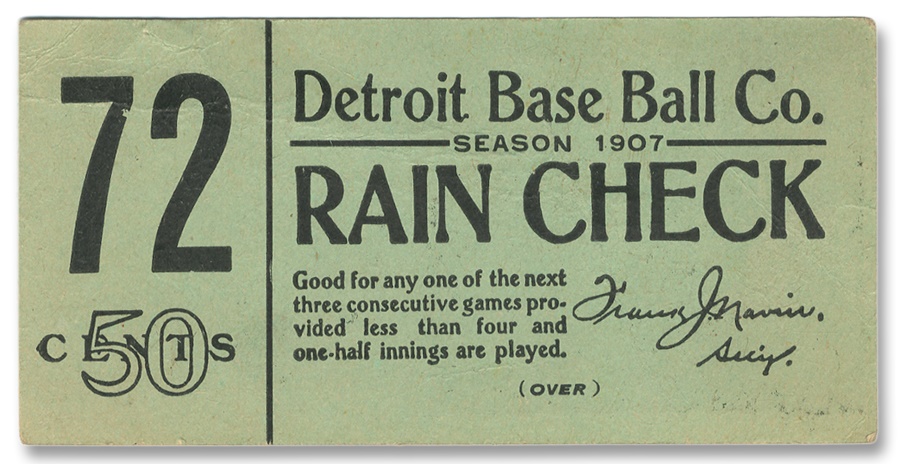 Baseball Memorabilia - 1907 Detroit Tigers Unused Ticket