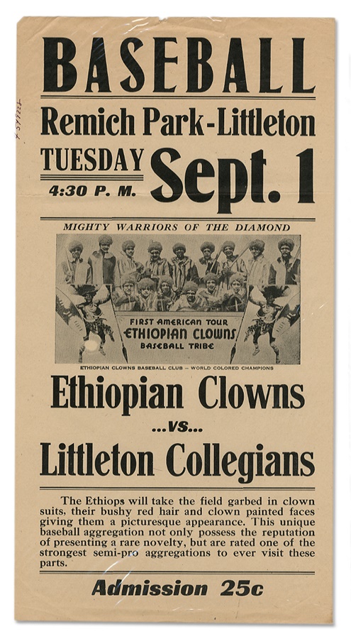 Negro League, Latin, Japanese & International Base - 1942 Ethiopian Clowns World Colored Champion Negro League Broadside