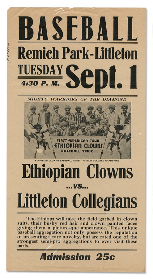 1942 Ethiopian Clowns World Colored Champion Negro League Broadside