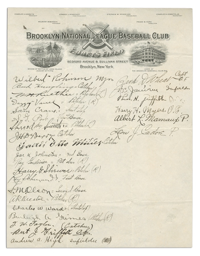 - 1922 Brooklyn Dodgers Team Signed Sheet with Wilbert Robinson