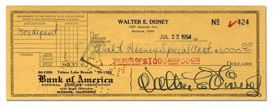 - 1954 Walt Disney Signed Bank Check