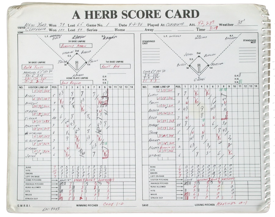 NY Yankees, Giants & Mets - 1996 Herb Score Scorebook Recording Jeters 1st H.R.
