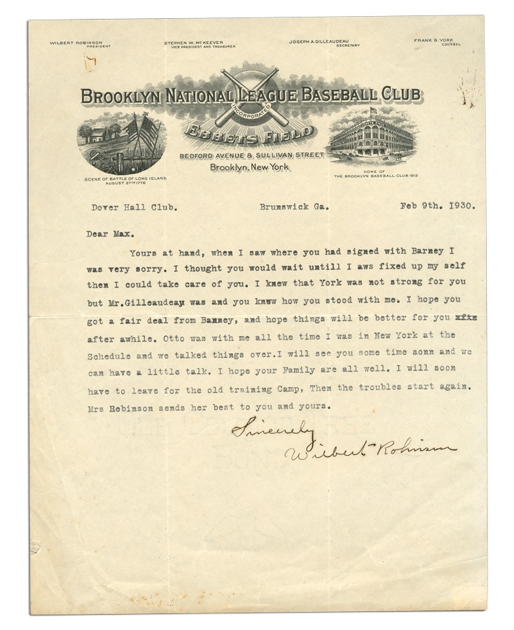 - 1930 Wilbert Robinson Signed Letter