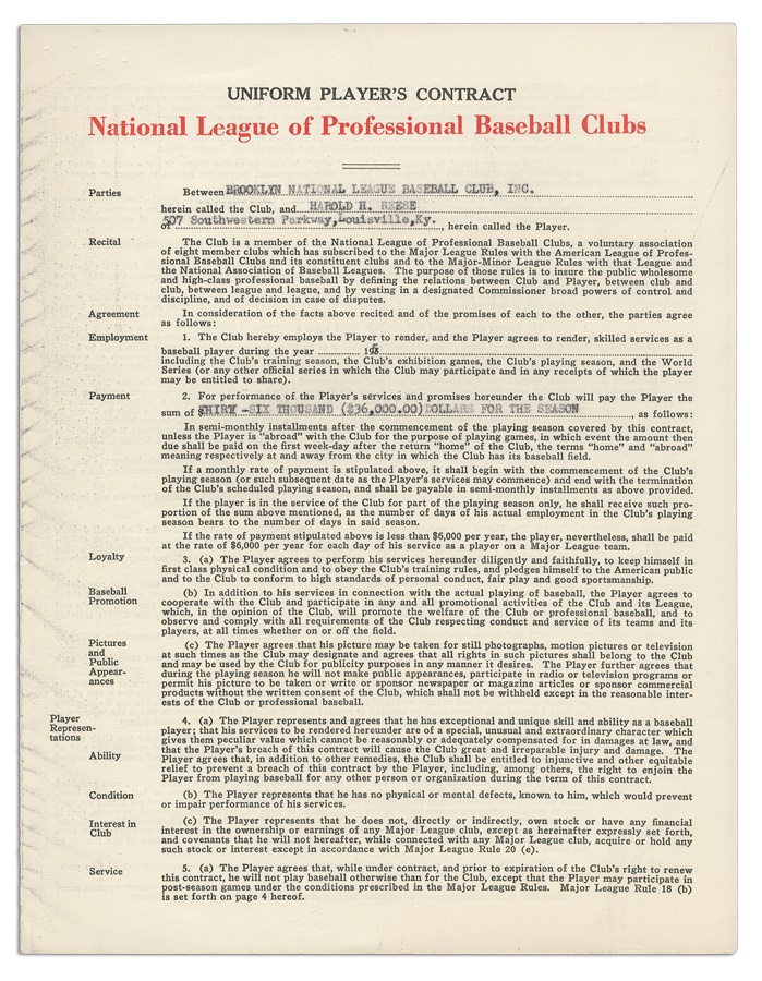 - 1955 Pee Wee Reese Signed Brooklyn Dodgers Contract