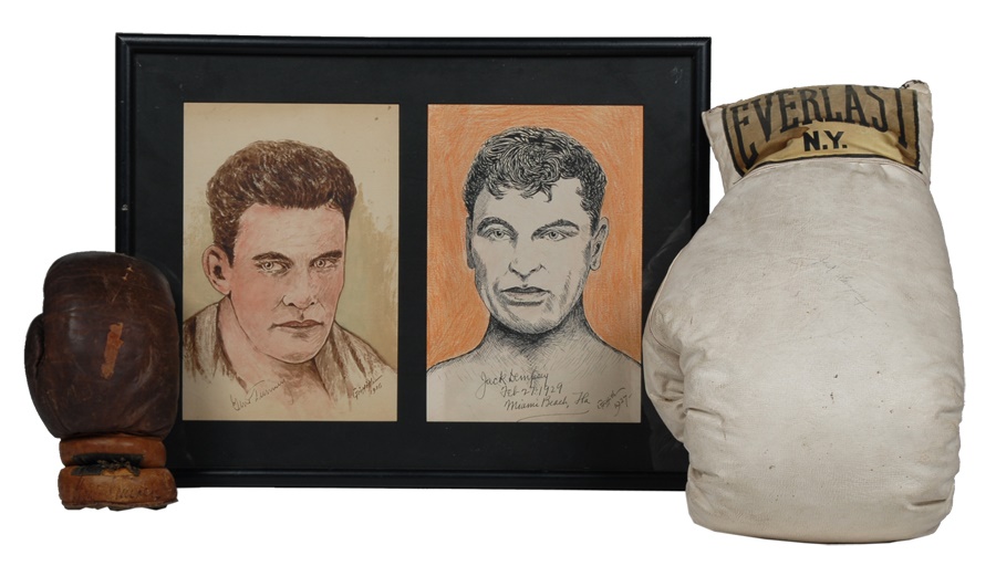 Jack Dempsey and Gene Tunney Signed Gloves and Artwork