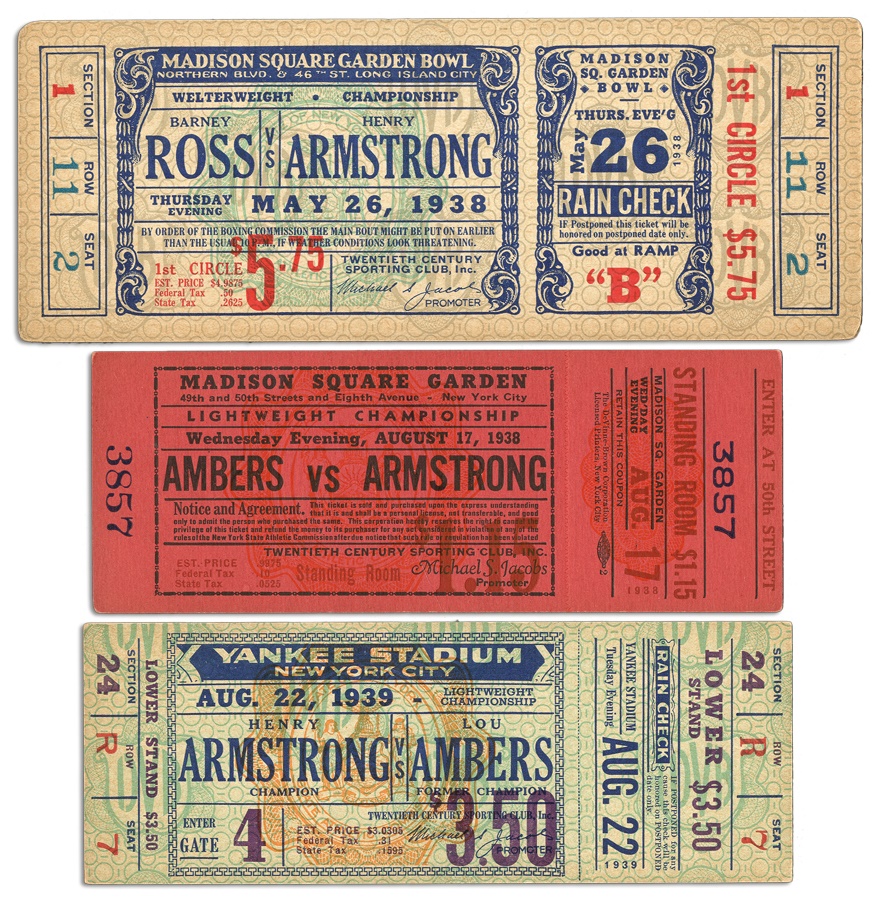 The Harlem Collection - Three Henry Armstrong Unused Boxing Tickets