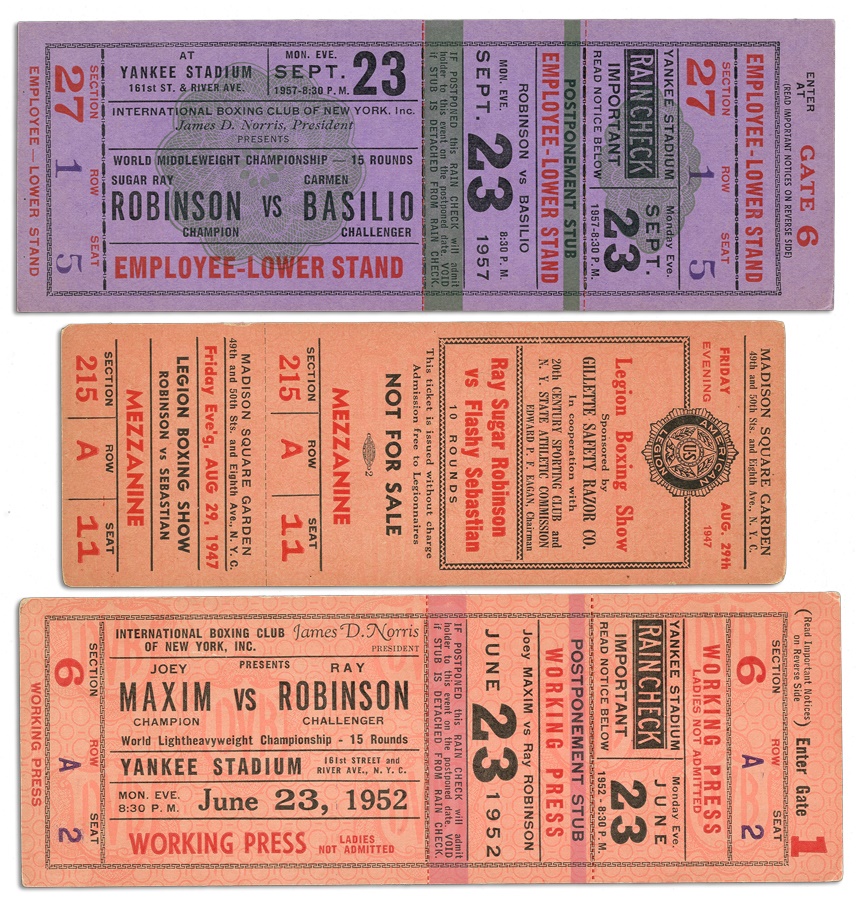 Three Sugar Ray Robinson Full Tickets including Scarce 1947 Flashy Sebastian