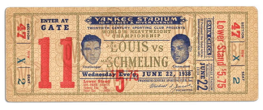 The Harlem Collection - 1938 Joe Louis vs. Max Schmeling Unused Boxing Ticket
