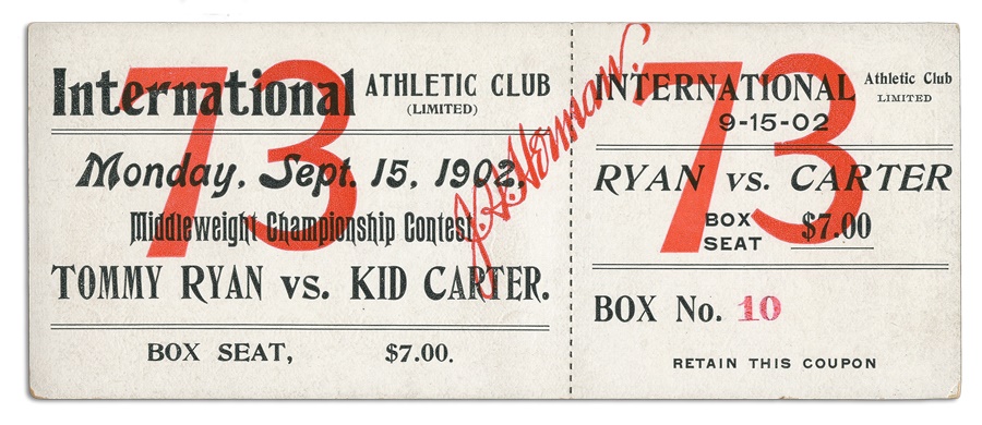 - 1902 Tommy Ryan vs. Kid Carter Unused Boxing Ticket