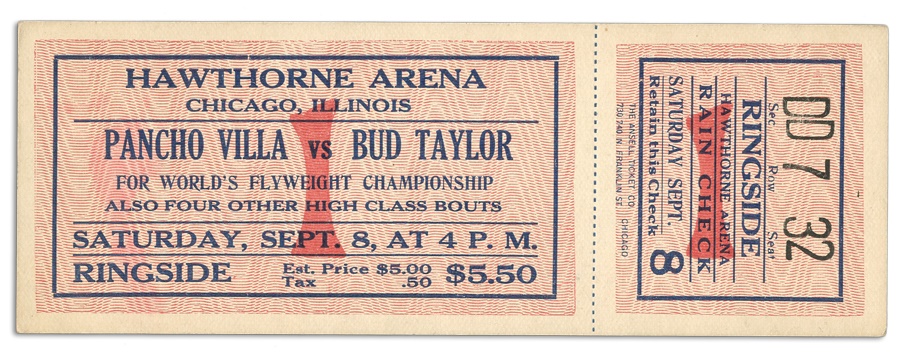 - 1923 Pancho Villa vs. Bud Taylor Unused Fight Ticket