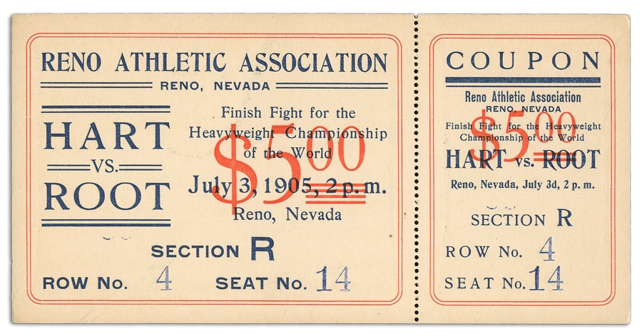 1905 Marvin Hart vs. Jack Root Unused Ticket