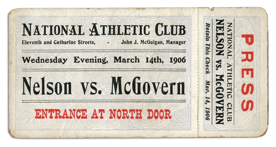 - 1906 Battling Nelson vs. Terry McGovern Unused Ticket