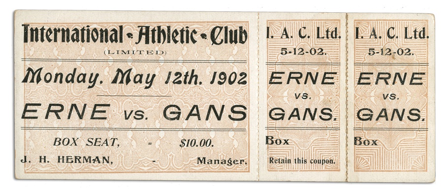 The Harlem Collection - 1902 Erne vs. Gans Unused Ticket