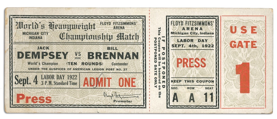 - 1922 Jack Dempsey vs. Bill Brennan Unused Ticket