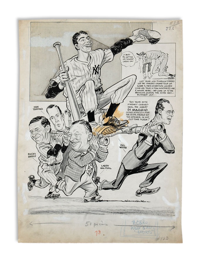NY Yankees, Giants & Mets - Joe DiMaggio Original Artwork by Willard Mullin