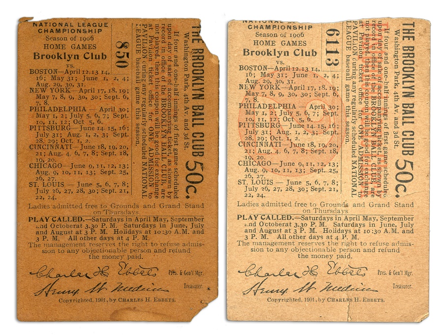 The Sal LaRocca Collection - Rare 1906 Brooklyn Baseball Tickets (2)