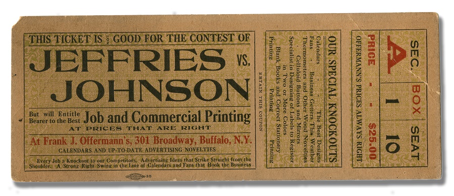 - Rare 1910 Jack Johnson vs. James Jeffries Promotional Ticket