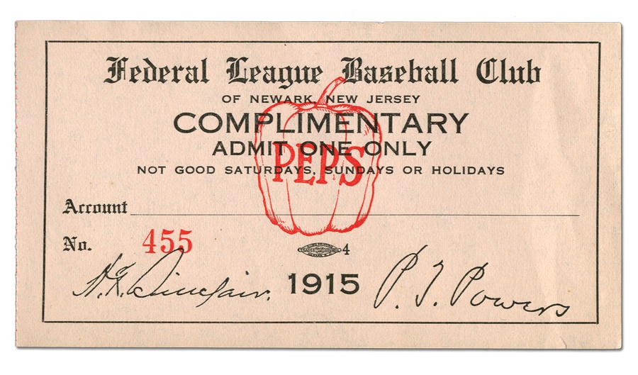 Baseball Memorabilia - 1915 Newark Peps Federal League Ticket