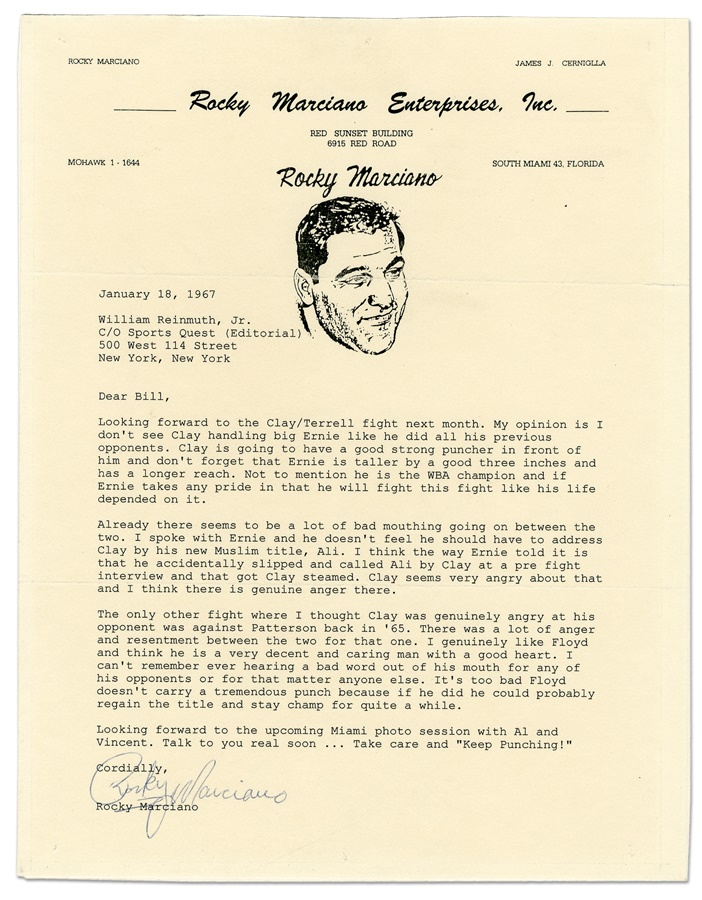 - 1967 Rocky Marciano Signed Typed Letter with Clay vs. Terrell Content