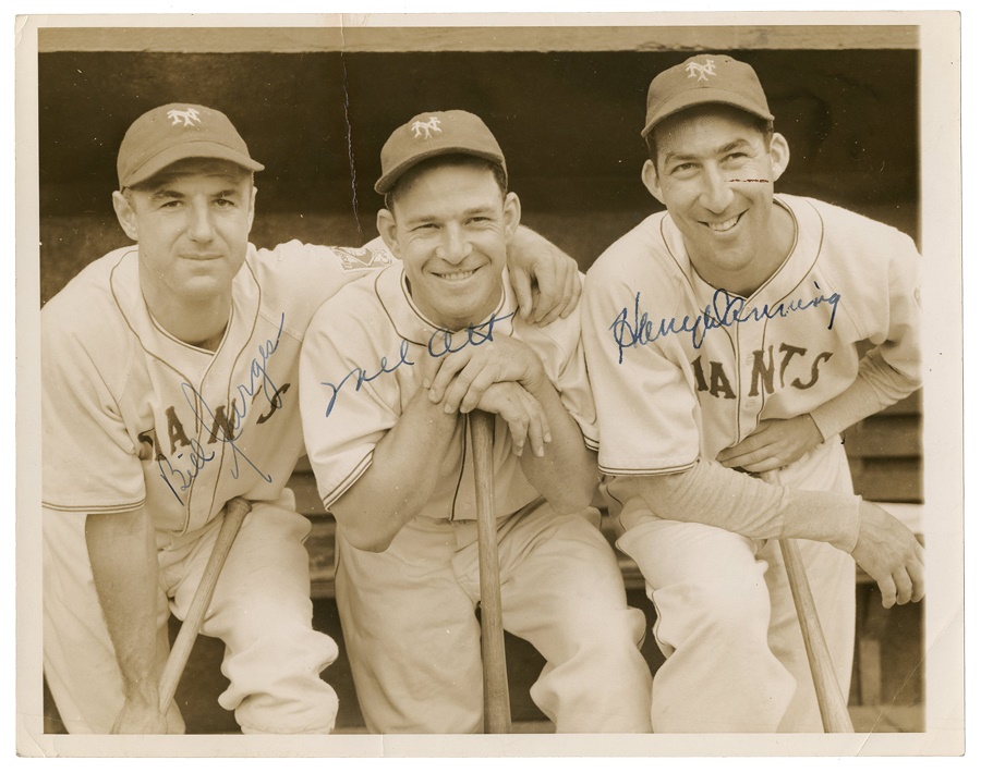 Baseball Autographs - 1939 Mel Ott, Bill Jurges and Harry Danning Signed Photo