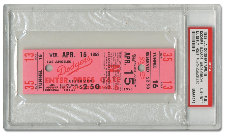 Baseball Memorabilia - 1959 Bob Gibson Major League Debut Full Ticket