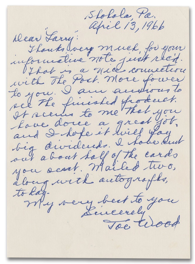 - Joe Wood Signed Handwritten Letter to Larry Ritter