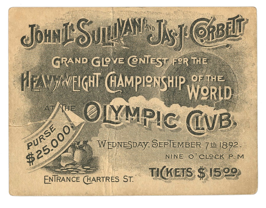 - 1892 John L. Sullivan vs. James J. Corbett Fight Ticket