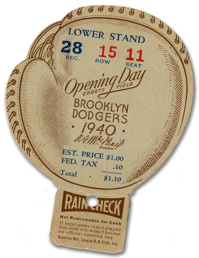 Baseball Memorabilia - 1940 Brooklyn Dodgers Opening Day Ticket with Rain Check