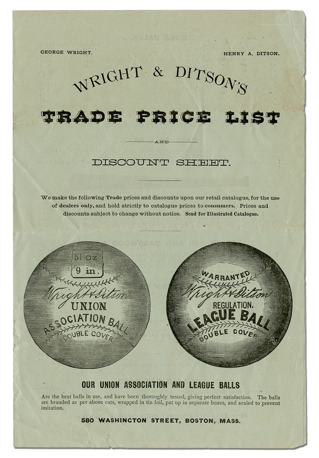 Baseball Memorabilia - 1884 Wright and Ditson Price List with Union Association Baseball Ad