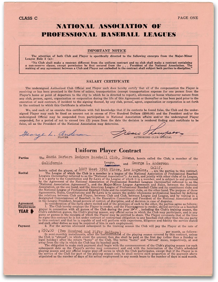 Sparky Anderson's First Professional Baseball Contract