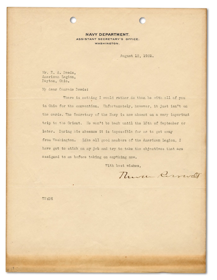 Rock And Pop Culture - 1922 Theodore Roosevelt Signed Letter