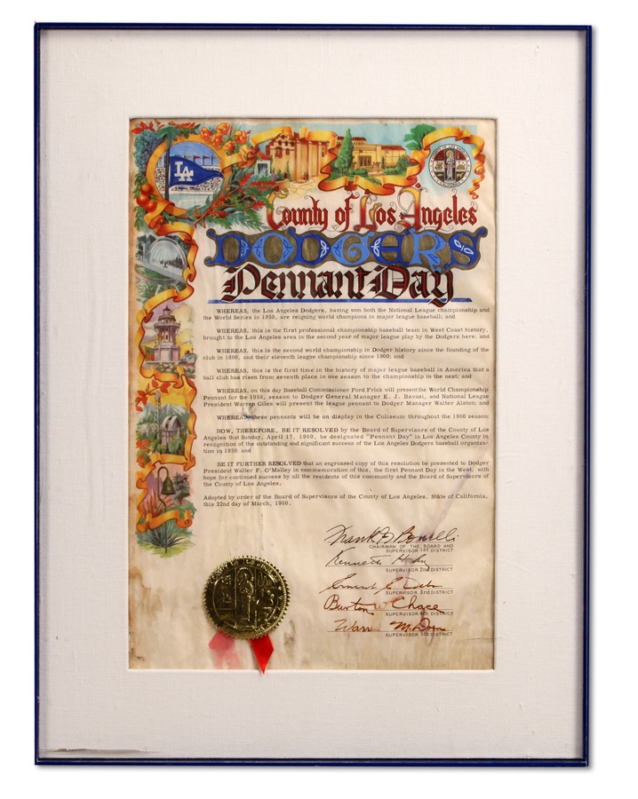 Baseball Memorabilia - 1959 Los Angeles Dodgers Pennant Day Proclamation