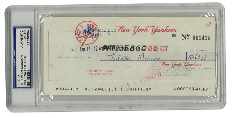 NY Yankees, Giants & Mets - 1975 Thurman Munson Endorsed New York Yankees Payroll Check