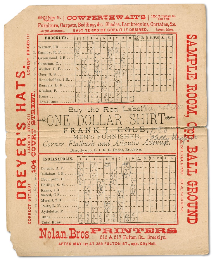 1884 Brooklyn Atlantics American Association Scorecard