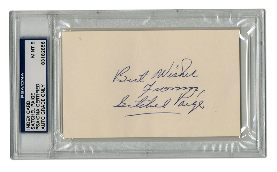 Baseball Autographs - Satchel Paige Signed Index Card (PSA MINT 9)