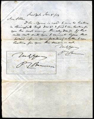 Political - 1854 P.T. Barnum Handwritten Letter