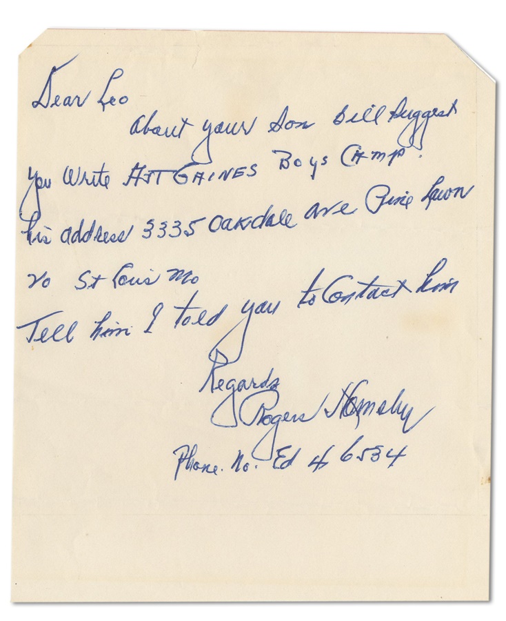 Baseball Autographs - Rogers Hornsby Handwritten Letter