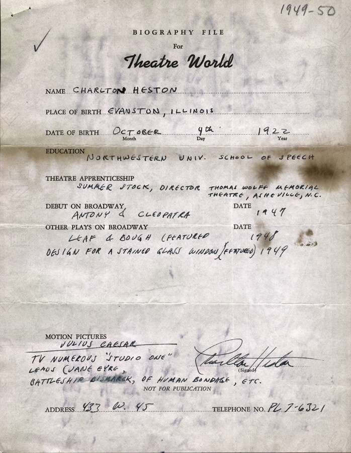 Theater World Biographies - Charlton Heston Signed Biographical Sheet