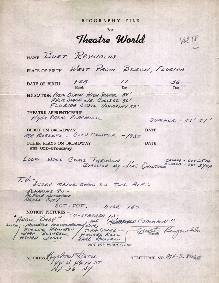 Theater World Biographies - Burt Reynolds Signed Biographical Sheet