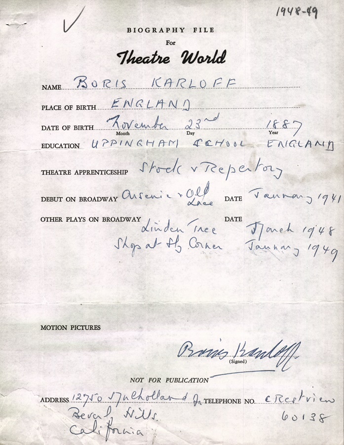 Boris Karloff Signed Biographical Sheet