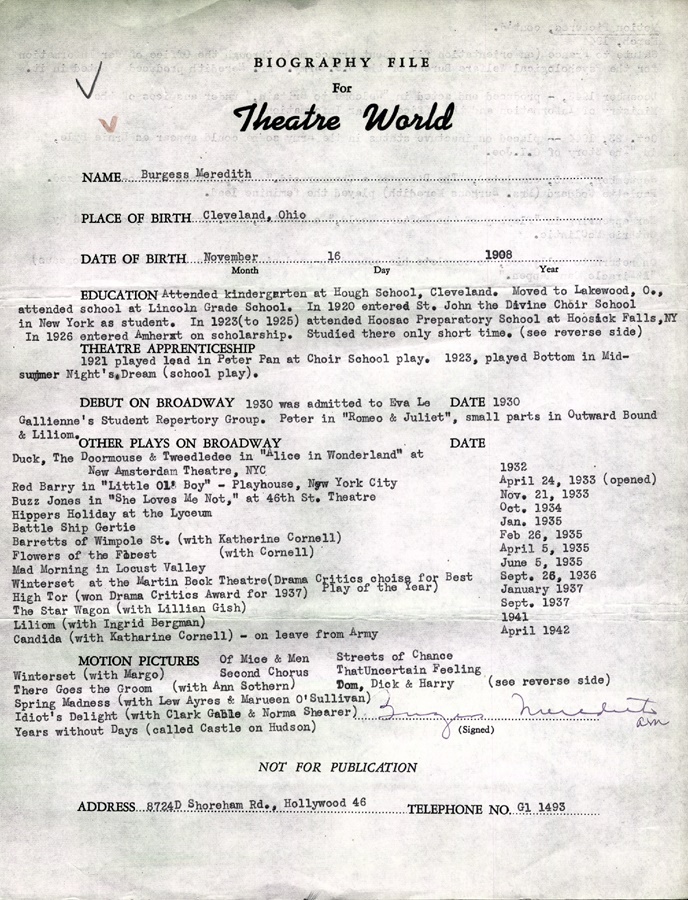 Theater World Biographies - Burgess Meredith Signed Biographical Sheet