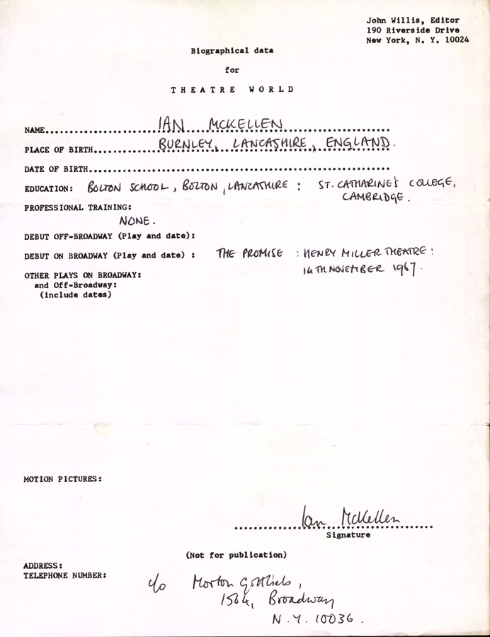 Theater World Biographies - Ian McKellen Signed Biographical Sheet