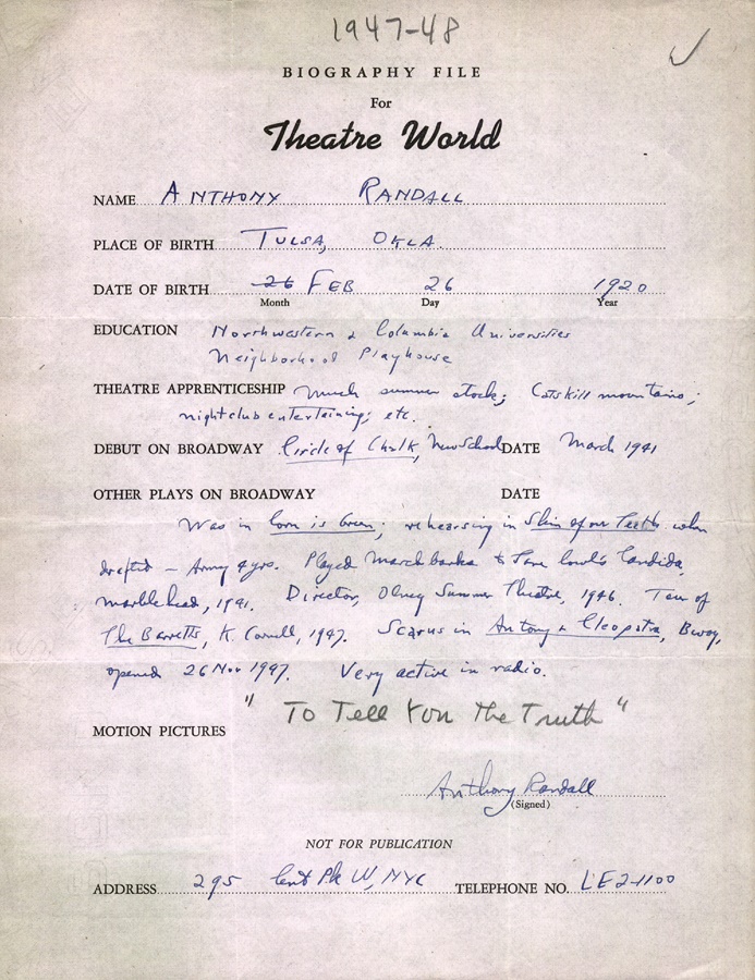 Theater World Biographies - Anthony Randall Signed Biographical Sheet