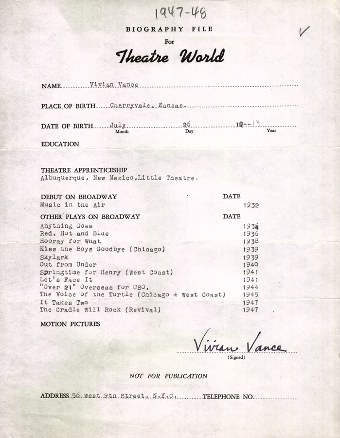 Theater World Biographies - Vivian Vance Signed Biographical Sheet