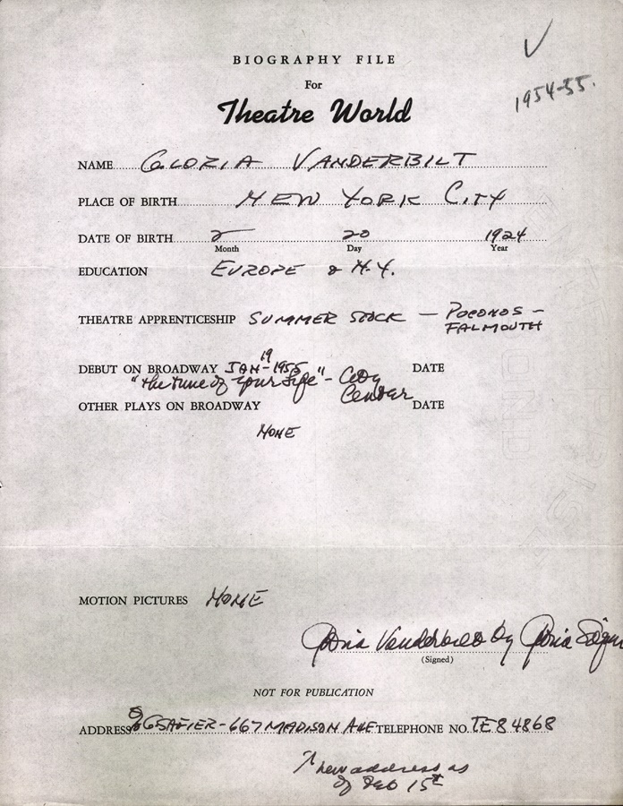 Theater World Biographies - Gloria Vanderbilt Signed Biographical Sheet