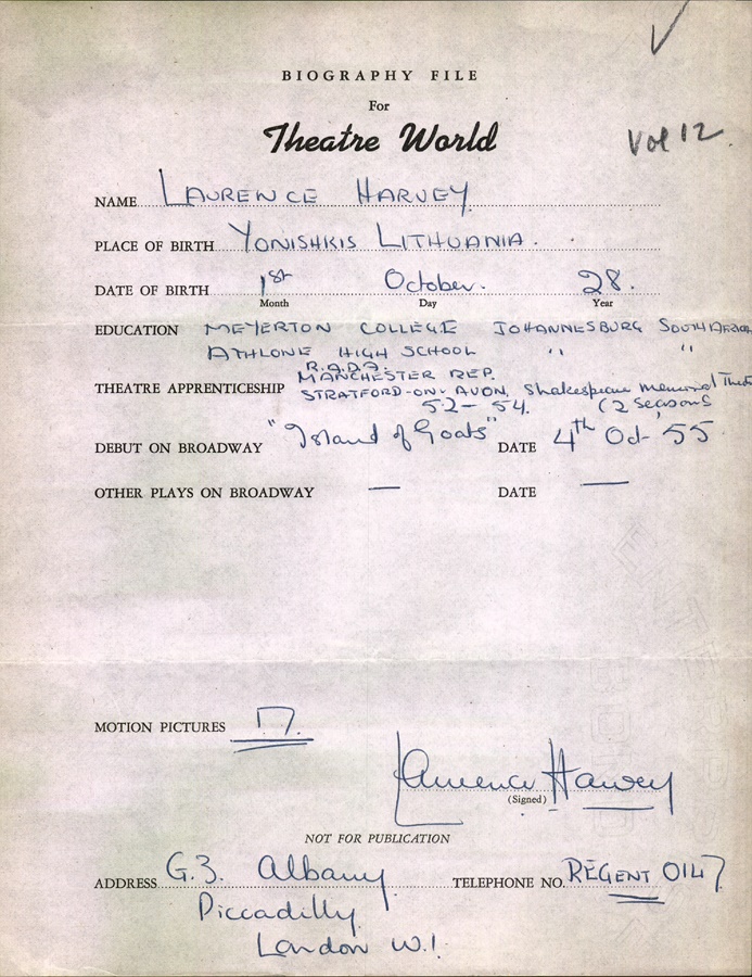 Theater World Biographies - Laurence Harvey Signed Biographical Sheet